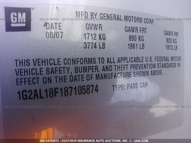 1G2AL18F187105874 - 2008 PONTIAC G5 SILVER photo 9