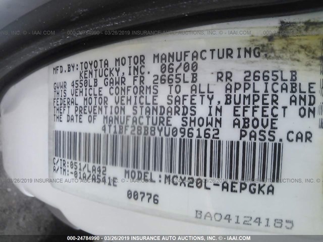 4T1BF28B8YU096162 - 2000 TOYOTA AVALON XL/XLS WHITE photo 9