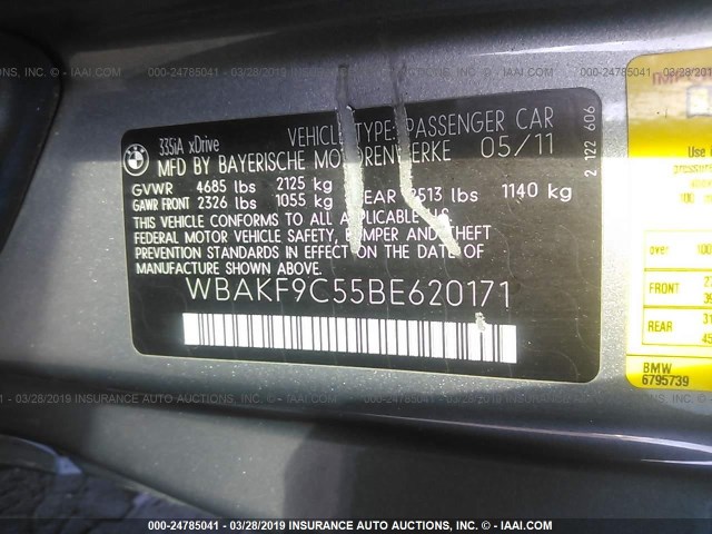 WBAKF9C55BE620171 - 2011 BMW 335 XI GRAY photo 9