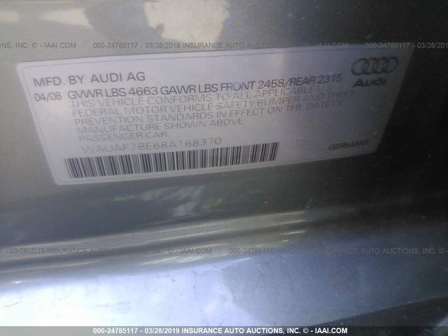 WAUAF78E68A168370 - 2008 AUDI A4 2.0T GRAY photo 9