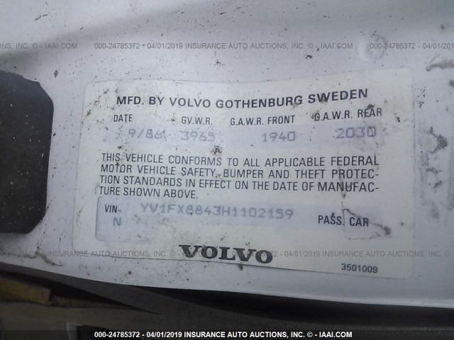 YV1FX8843H1102159 - 1987 VOLVO 740 GLE WHITE photo 9