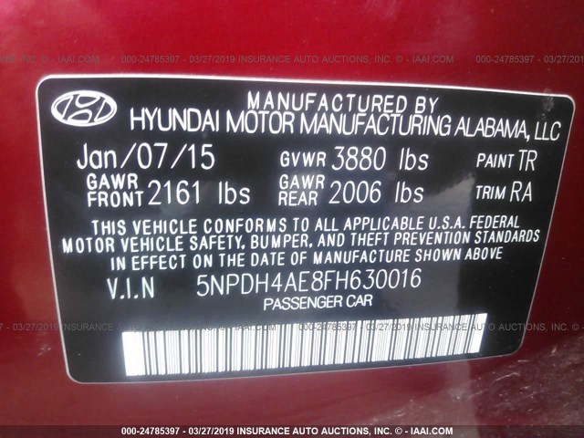 5NPDH4AE8FH630016 - 2015 HYUNDAI ELANTRA SE/SPORT/LIMITED RED photo 9