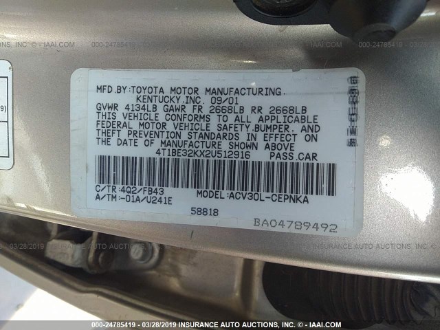 4T1BE32KX2U512916 - 2002 TOYOTA CAMRY LE/XLE/SE GOLD photo 9