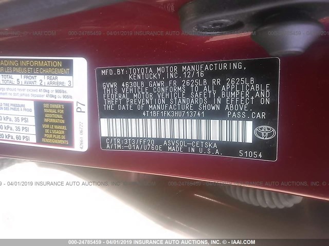 4T1BF1FK3HU713741 - 2017 TOYOTA CAMRY LE/XLE/SE/XSE 勃艮第红 照片 9