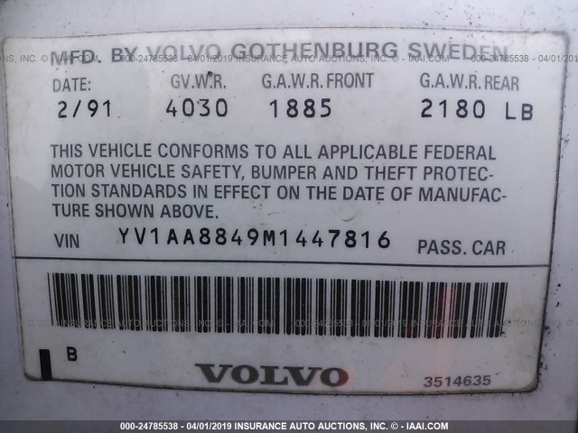 YV1AA8849M1447816 - 1991 VOLVO 240 WHITE photo 9