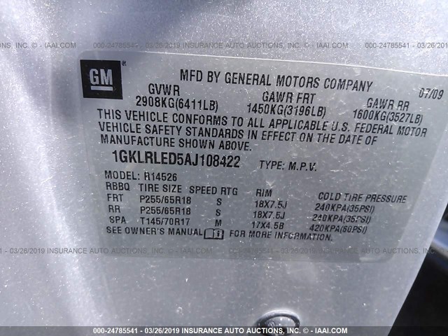 1GKLRLED5AJ108422 - 2010 GMC ACADIA SLE SILVER photo 9