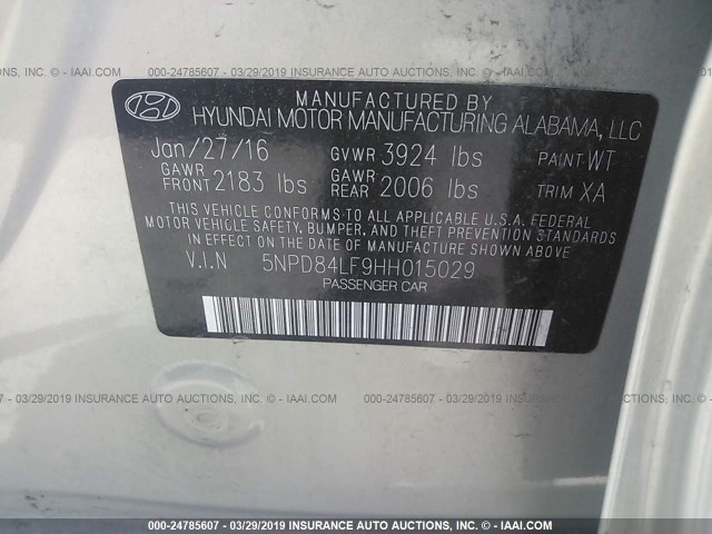 5NPD84LF9HH015029 - 2017 HYUNDAI ELANTRA SE/VALUE/LIMITED SILVER photo 9