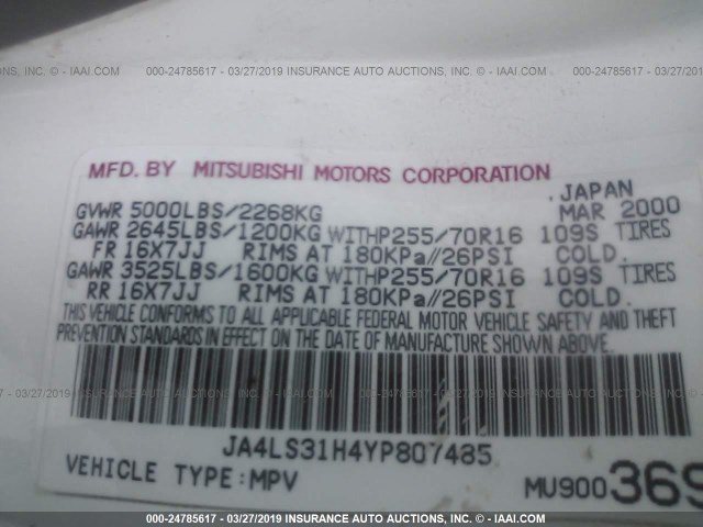 JA4LS31H4YP807485 - 2000 MITSUBISHI MONTERO SPORT LS/SPORT XLS WHITE photo 9