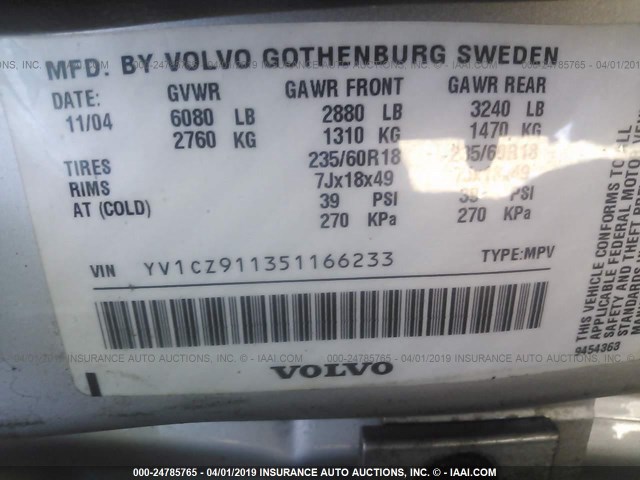 YV1CZ911351166233 - 2005 VOLVO XC90 T6 SILVER photo 9