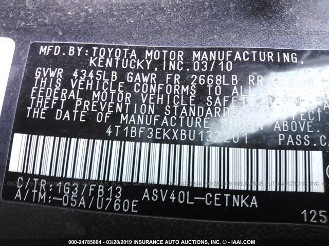 4T1BF3EKXBU137201 - 2011 TOYOTA CAMRY SE/LE/XLE GRAY photo 9