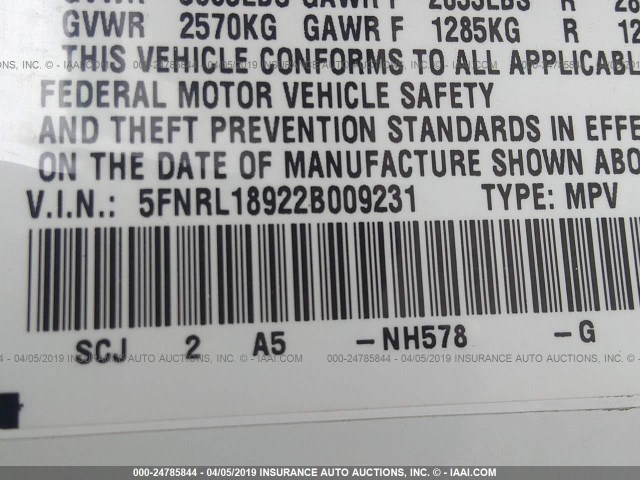 5FNRL18922B009231 - 2002 HONDA ODYSSEY EXL WHITE photo 9