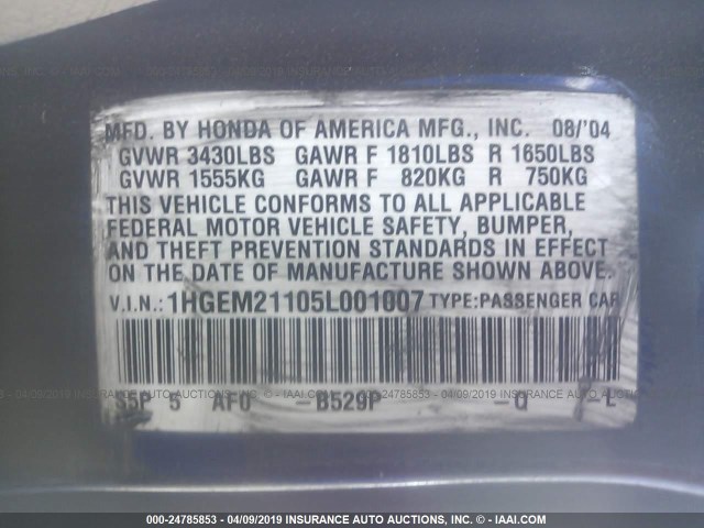 1HGEM21105L001007 - 2005 HONDA CIVIC DX VP BLACK photo 9