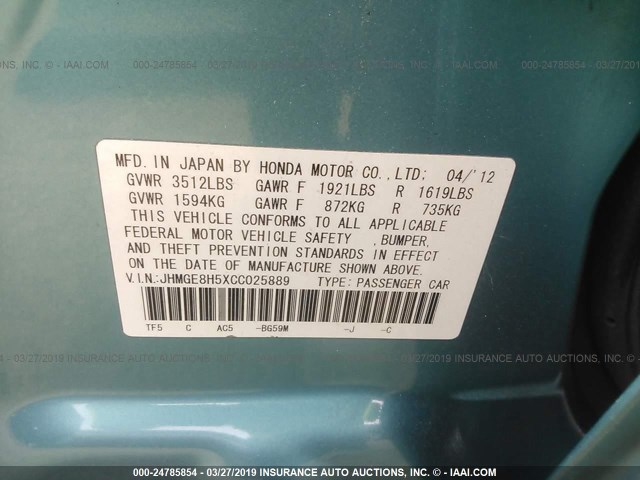 JHMGE8H5XCC025889 - 2012 HONDA FIT SPORT TEAL photo 9