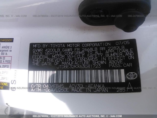 JTDBE32KX63041723 - 2006 TOYOTA CAMRY LE/XLE WHITE photo 9