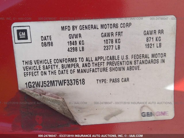 1G2WJ52M7WF337618 - 1998 PONTIAC GRAND PRIX SE RED photo 9