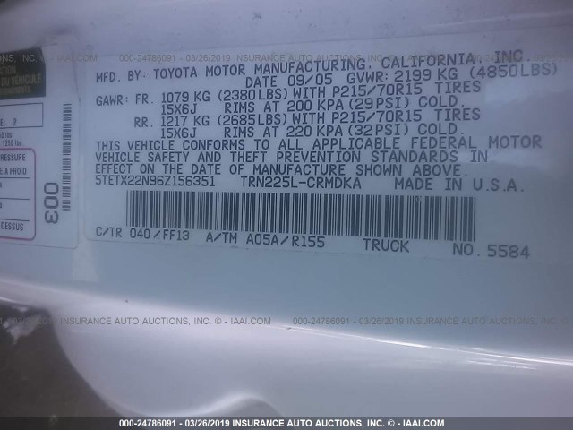 5TETX22N96Z156351 - 2006 TOYOTA TACOMA ACCESS CAB თეთრი ფოტო 9