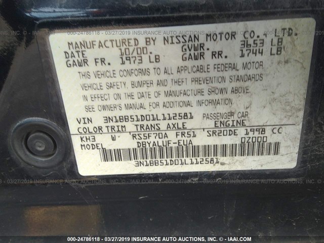 3N1BB51D01L112581 - 2001 NISSAN SENTRA SE BLACK photo 9