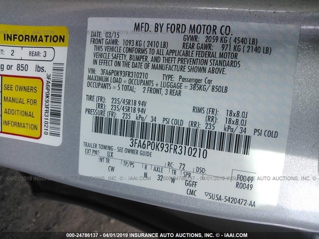 3FA6P0K93FR310210 - 2015 FORD FUSION TITANIUM SILVER photo 9