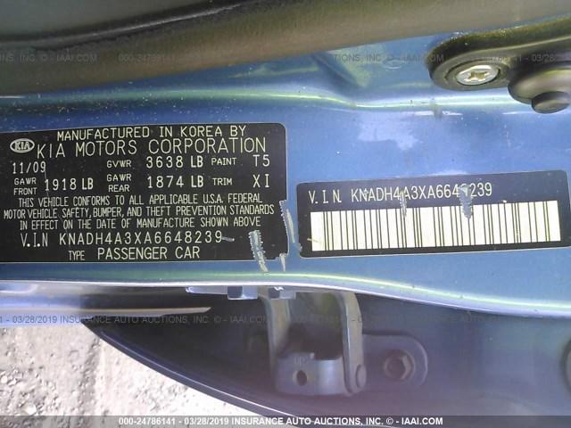 KNADH4A3XA6648239 - 2010 KIA RIO LX/SX BLUE photo 9