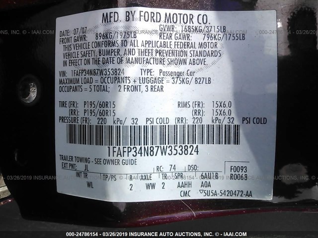 1FAFP34N87W353824 - 2007 FORD FOCUS ZX4/S/SE/SES PURPLE photo 9