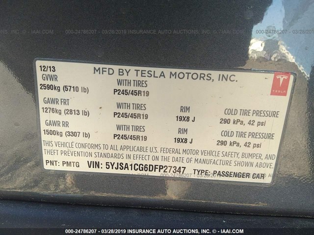 5YJSA1CG6DFP27347 - 2013 TESLA MODEL S GRAY photo 9