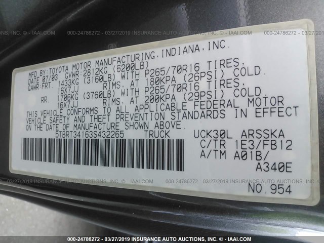 5TBRT34163S432265 - 2003 TOYOTA TUNDRA ACCESS CAB SR5 GRAY photo 9