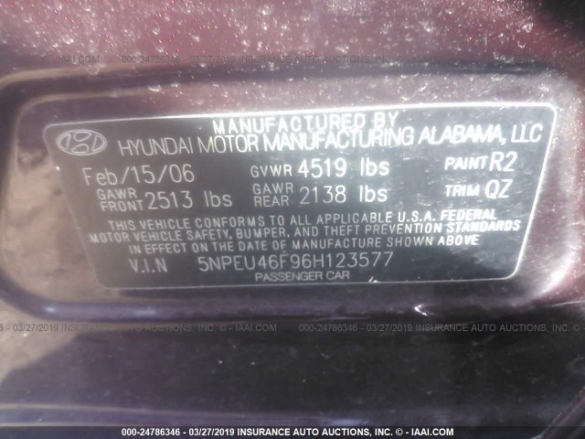 5NPEU46F96H123577 - 2006 HYUNDAI SONATA GLS/LX BURGUNDY photo 9