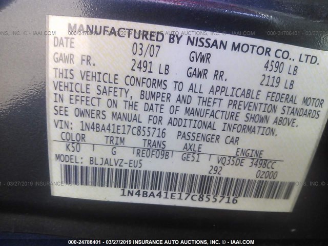 1N4BA41E17C855716 - 2007 NISSAN MAXIMA SE/SL GRAY photo 9