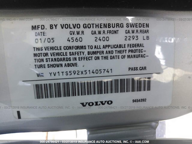 YV1TS592X51405741 - 2005 VOLVO S80 2.5T SILVER photo 9