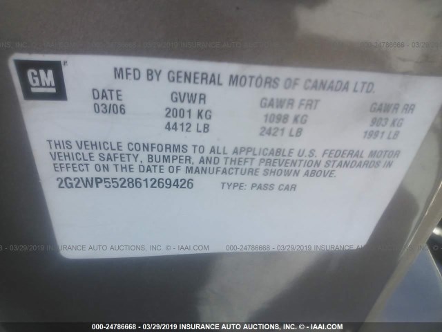2G2WP552861269426 - 2006 PONTIAC GRAND PRIX GRAY photo 9