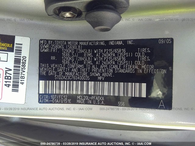 5TDZA23C76S400035 - 2006 TOYOTA SIENNA CE/LE SILVER photo 9