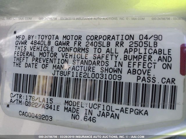 JT8UF11E2L0031009 - 1990 LEXUS LS 400 SILVER photo 9