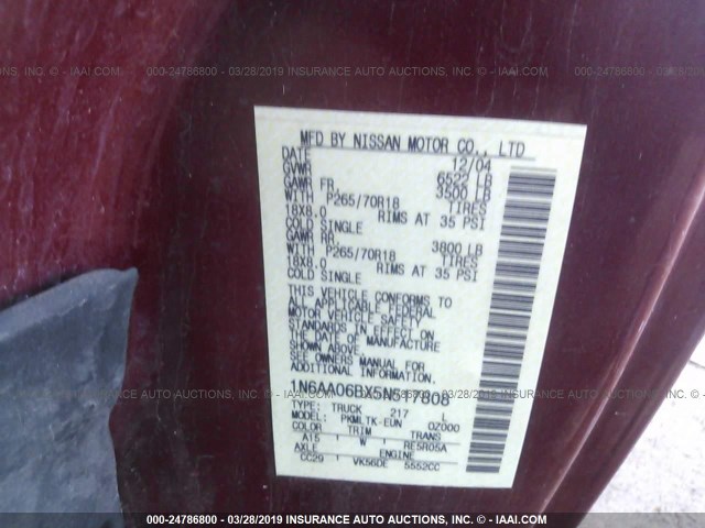 1N6AA06BX5N517808 - 2005 NISSAN TITAN XE/SE/LE RED photo 9