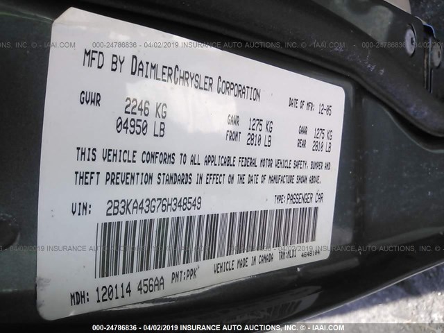 2B3KA43G76H348549 - 2006 DODGE CHARGER SE/SXT GRAY photo 9