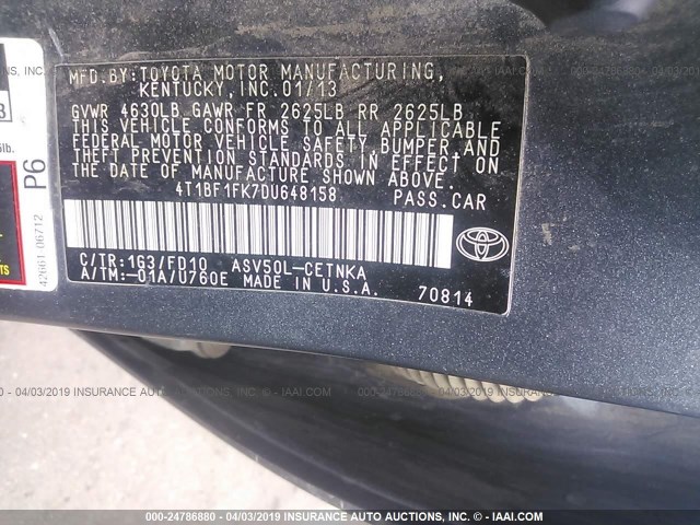 4T1BF1FK7DU648158 - 2013 TOYOTA CAMRY L/SE/LE/XLE GRAY photo 9