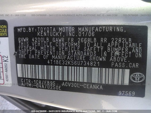 4T1BE32K56U734821 - 2006 TOYOTA CAMRY LE/XLE/SE SILVER photo 9