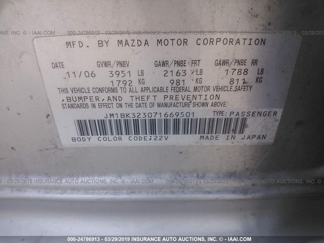 JM1BK323071669501 - 2007 MAZDA 3 S SILVER photo 9