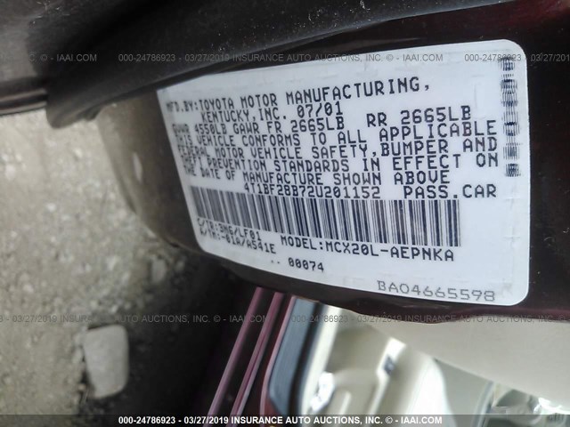 4T1BF28B72U201152 - 2002 TOYOTA AVALON XL/XLS MAROON photo 9