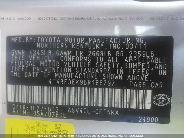 4T4BF3EK9BR186797 - 2011 TOYOTA CAMRY SE/LE/XLE GRAY photo 9