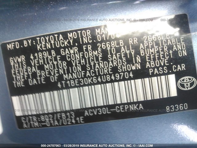 4T1BE30K64U849704 - 2004 TOYOTA CAMRY LE/XLE/SE BLUE photo 9