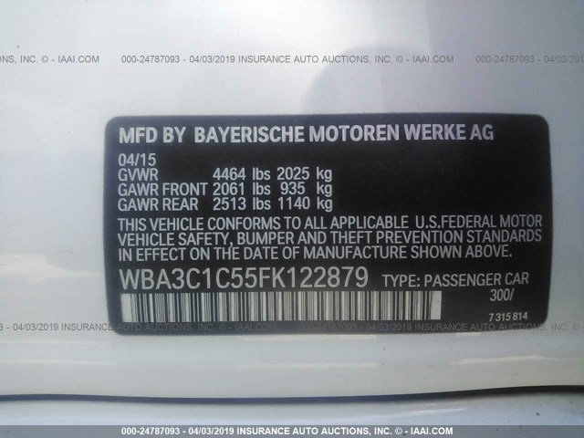 WBA3C1C55FK122879 - 2015 BMW 328 I SULEV WHITE photo 9