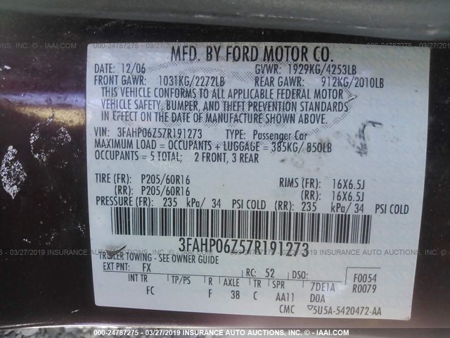 3FAHP06Z57R191273 - 2007 FORD FUSION S MAROON photo 9