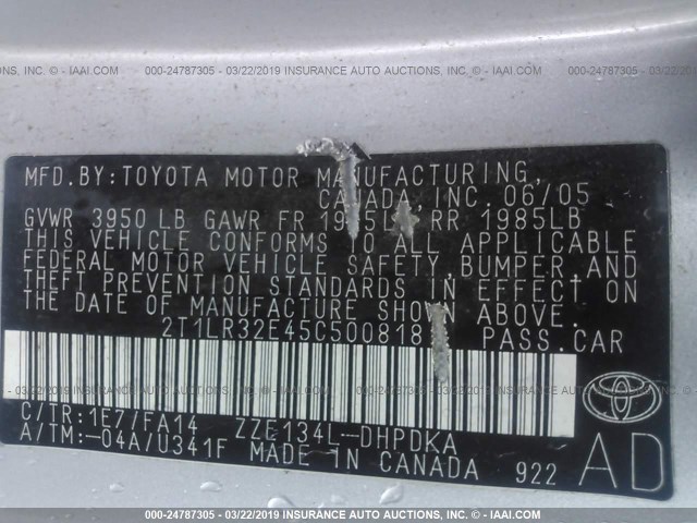 2T1LR32E45C500818 - 2005 TOYOTA COROLLA MATRIX XR SILVER photo 9