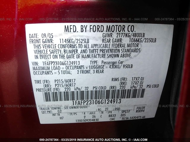 1FAFP23106G124913 - 2006 FORD FIVE HUNDRED SE RED photo 9