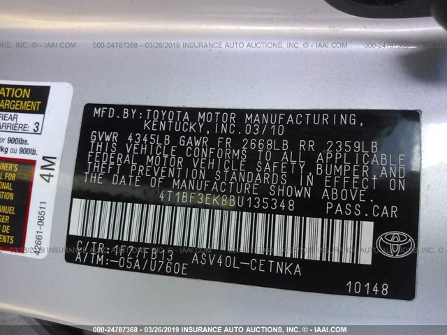 4T1BF3EK8BU135348 - 2011 TOYOTA CAMRY SE/LE/XLE 银色 照片 9