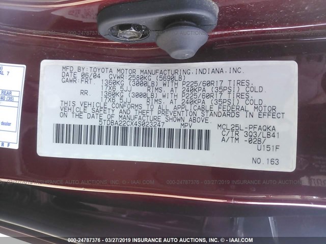 5TDBA22CX4S023247 - 2004 TOYOTA SIENNA XLE/XLE LIMITED RED photo 9