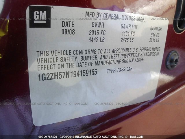 1G2ZH57N194159165 - 2009 PONTIAC G6 GT RED photo 9