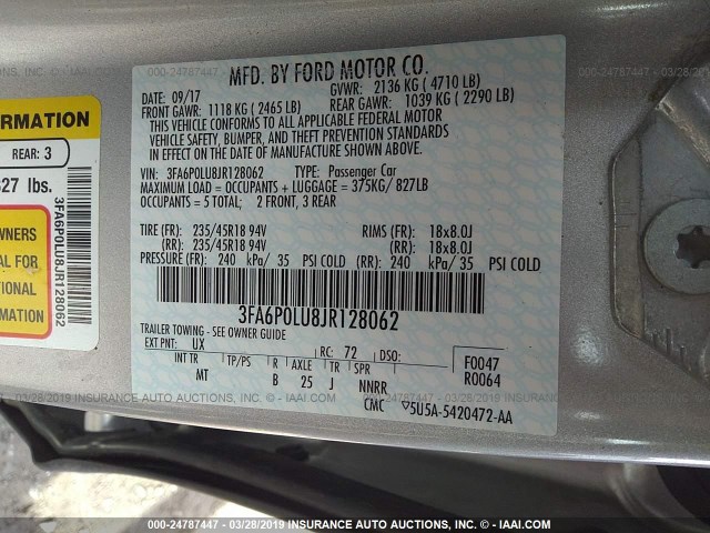 3FA6P0LU8JR128062 - 2018 FORD FUSION SE HYBRID SILVER photo 9