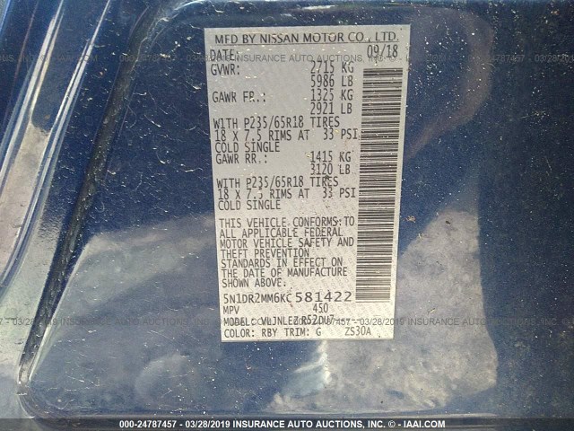 5N1DR2MM6KC581422 - 2019 NISSAN PATHFINDER S/SL/SV/PLATINUM 蓝色 照片 9