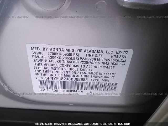 5FNYF18218B008988 - 2008 HONDA PILOT VP SILVER photo 9